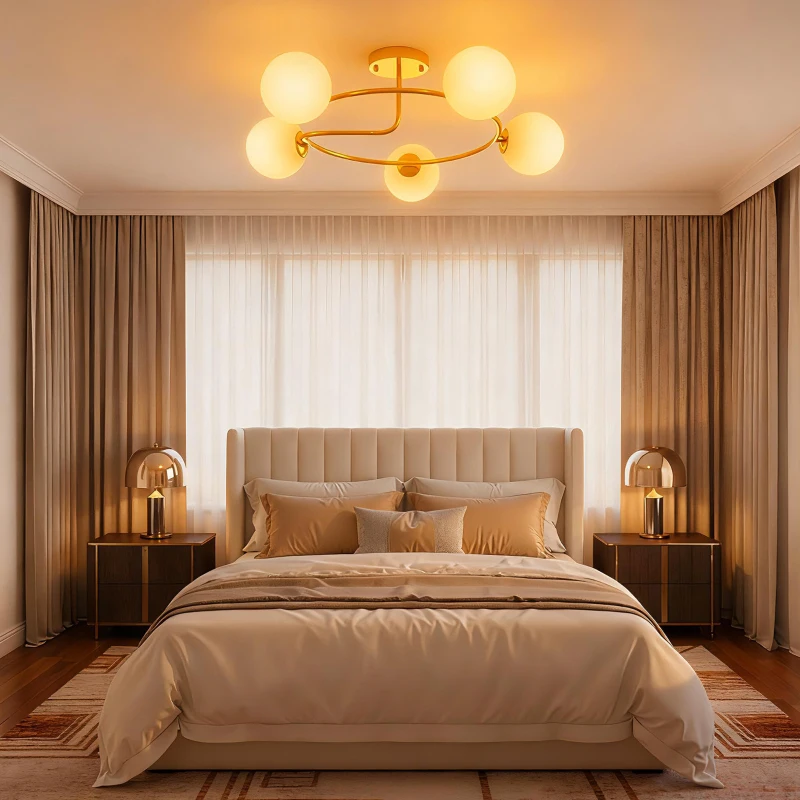 HOMCOM Plafonnier lustre moderne, luminaire plafonnier à 5 lumières avec culot G9, montage semi-affleurant, doré et blanc