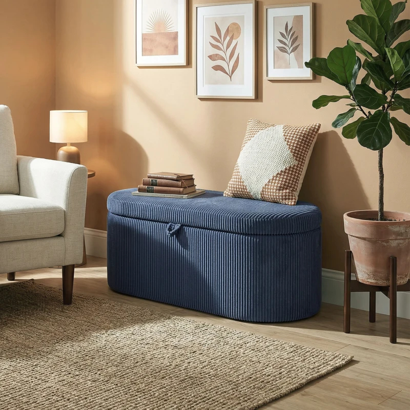 HOMCOM Storage Ottoman, Corduroy Upholstered Ottoman Storage Box with Padded Seat, 105 x 51 x 49 cm, Blue