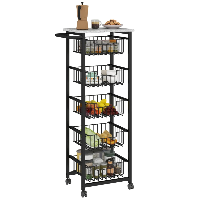 HOMCOM Five Basket Mobile Kitchen Island, with Brakes - Grey/Black