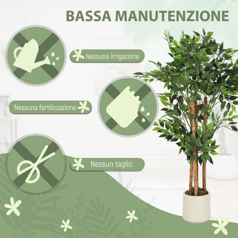 HOMCOM Pianta Artificiale di Baniano Verde in PEVA e Legno con Vaso Contenitore in PP e Cemento, 55x55x120 cm