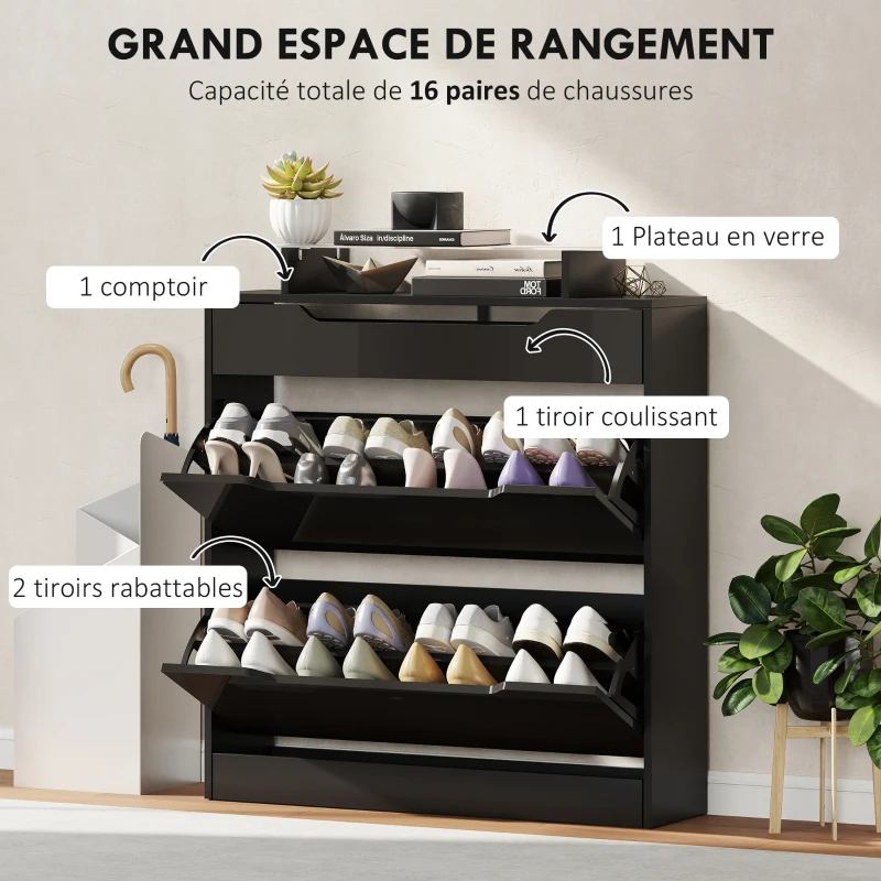 HOMCOM Armoire à Chaussures, 2 Tiroirs Rabattables, 1 Tiroir Coulissant, 1 Comptoir, 89x23x96cm, Noir