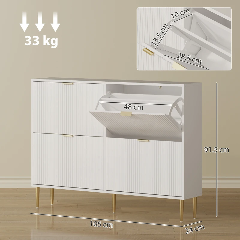 HOMCOM Scarpiera Slim per 20 Paia di Scarpe con 4 Cassetti a Ribalta e Ripiani Regolabili, 105x24x91.5 cm, Bianco