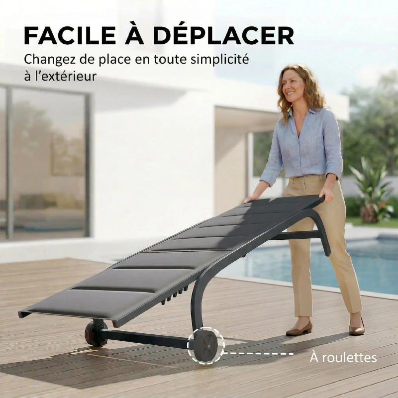 Outsunny Bain de Soleil en Aluminium, Dossier Réglable 6 Positions avec Roues, Rembourrage Intégré, 62x165x94cm, Gris Foncé