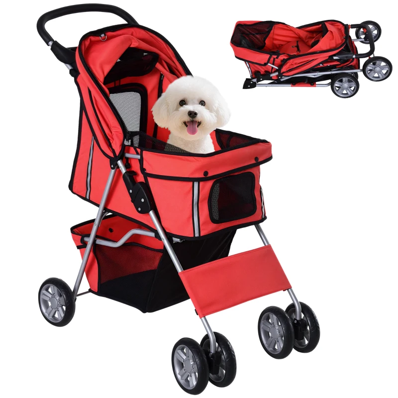 PawHut Pet Stroller for Small Miniature Dogs Cats Foldable Travel Carriage with Wheels Zipper Entry Cup Holder Storage Basket Red