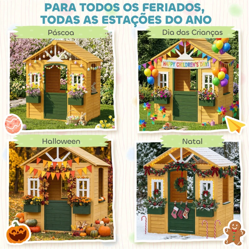 AIYAPLAY Casinha Infantil em Madeira Casinha Infantil com 2 Floreiras 3 Janelas Meia Porta Casa de Jardim para Crianças Castanho