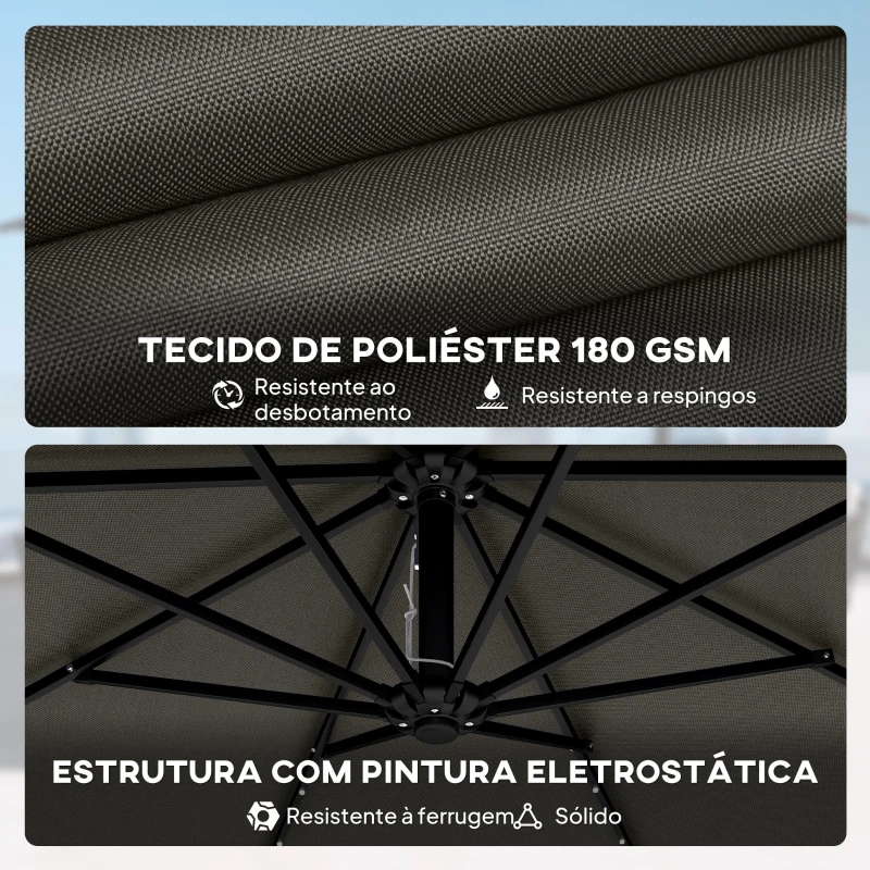 Outsunny Chapéu de Sol Excêntrico com Luzes LED Solares Ø345 cm Base Cruzada Manivela Capa Protetora Cinza Escuro