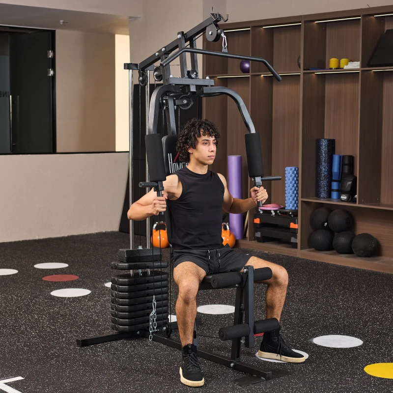 HOMCOM Máquina de Musculação com Pesos Ajustáveis de 45 kg, Press de Peito e Pernas, Polia, 135x103x200 cm, Preto