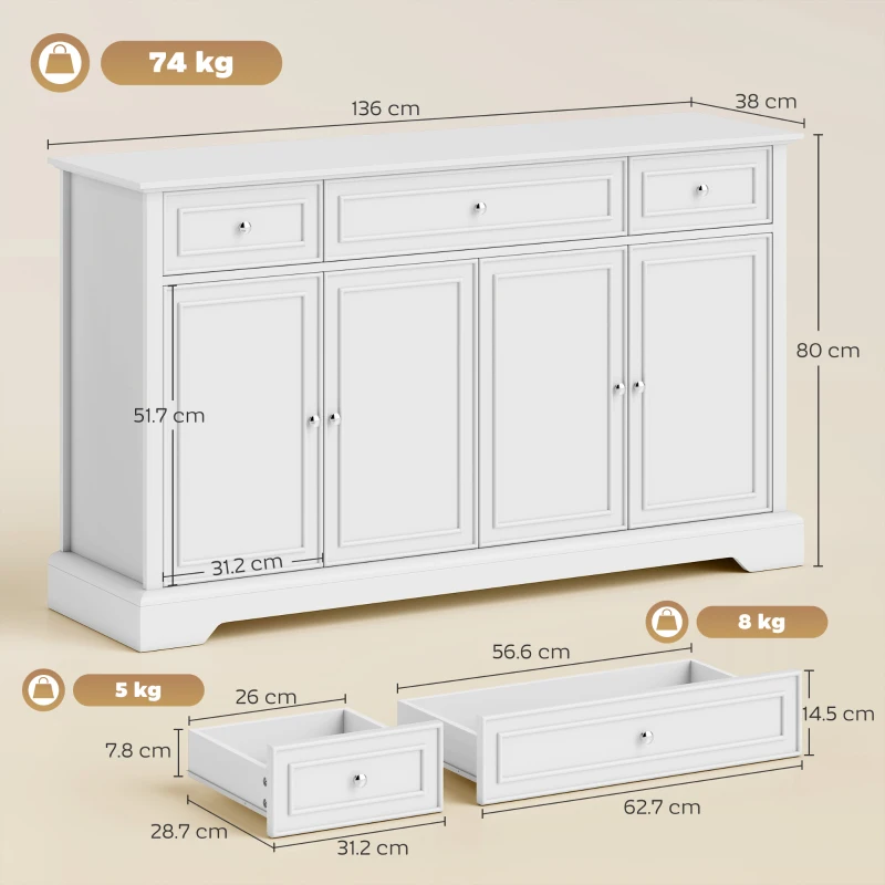 HOMCOM Buffet da cucina con 3 cassetti, 4 ante a chiusura ammortizzata e ripiani regolabili, 136x38x80 cm, bianco
