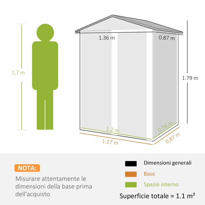 Outsunny Casetta da Giardino in Acciaio 1.1m² con Porta Scorrevole Bloccabile, 136x87x179 cm, Verde
