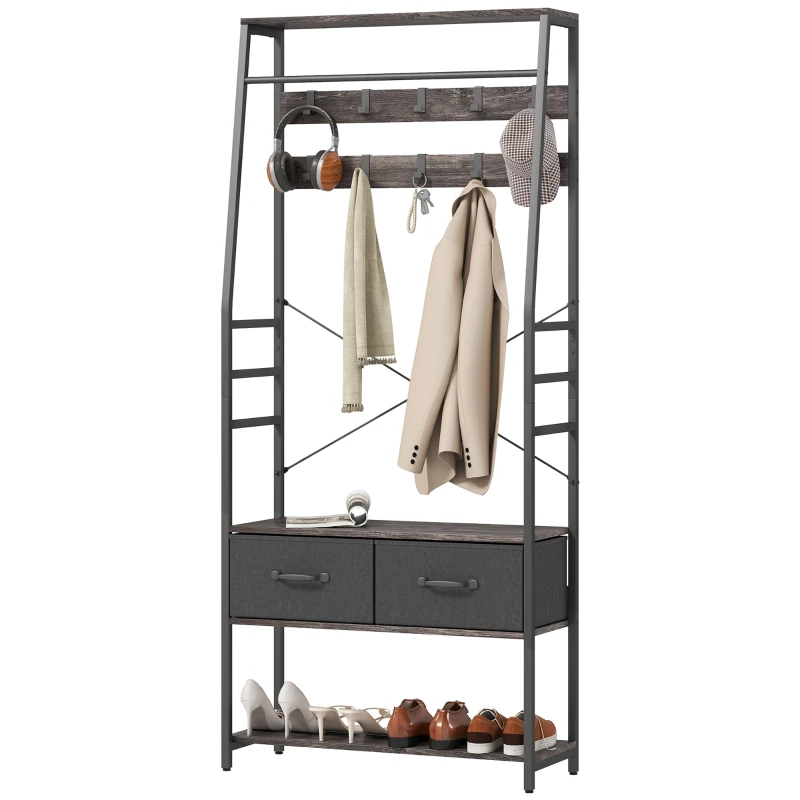 HOMCOM Coat Rack with Shoe Storage, Hall Tree, Industrial Coat Stand with Shoe Bench, 10 Removable Hooks, 2 Fabric Drawers and Clothes Rail for Entryway, Hallway, Grey