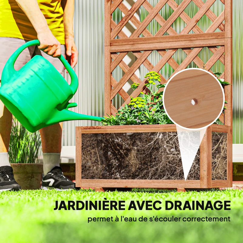 Outsunny Jardinière avec Treillis - bac à Fleurs - jardinière sur Pied - dim. 72,5L x 31,5l x 149,5H cm Inserts d'irrigation Inclus Bois Sapin pré-huilé