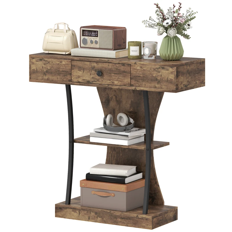 HOMCOM Console Table, 3-Tier Industrial Hallway Table with Drawer, Storage Shelves, 91 x 32 x 87 cm, Rustic Brown