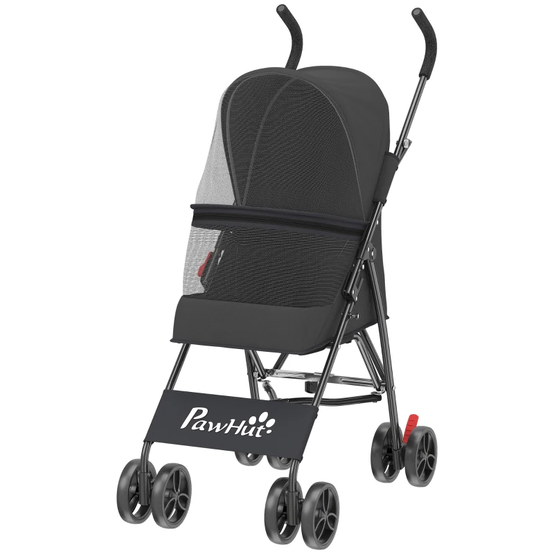 PawHut Dog Stroller, Foldable Cat Dog Pram for Miniature Breeds, Pet Stroller with Brake, Mesh Windows, Black
