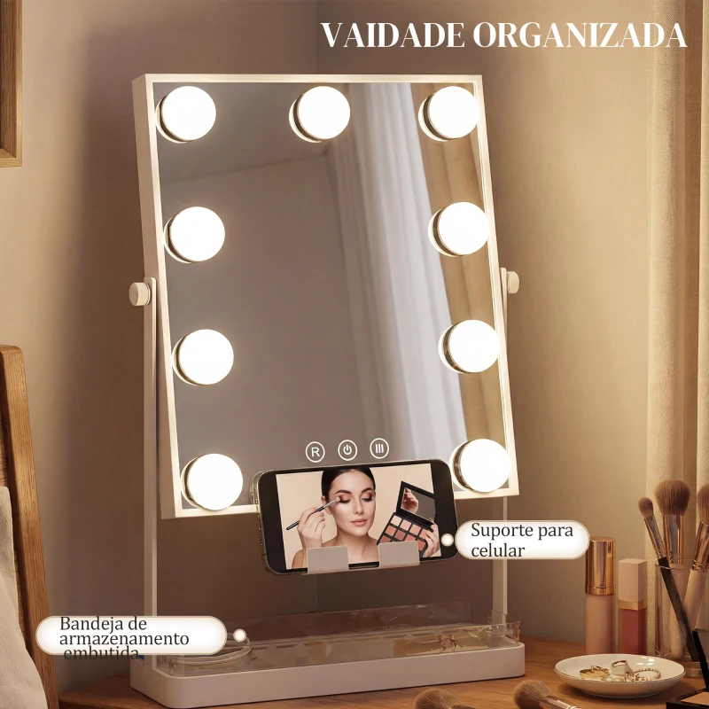 HOMCOM Espelho de Maquilhagem com Luz 9 Lâmpadas LED 3 Cores Interruptor Tátil Suporte para Telemóvel Branco