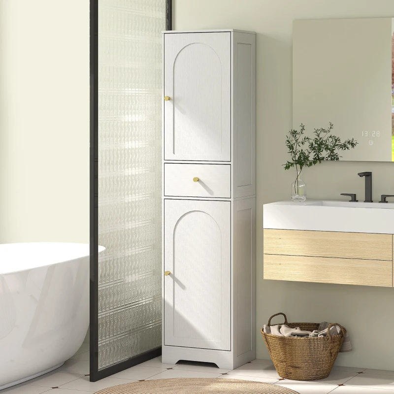 HOMCOM Armadietto Alto da Bagno Stretto con 2 Porte Arco Cassetto e Ripiani Regolabili Moderno 40x29,5x170 cm Bianco
