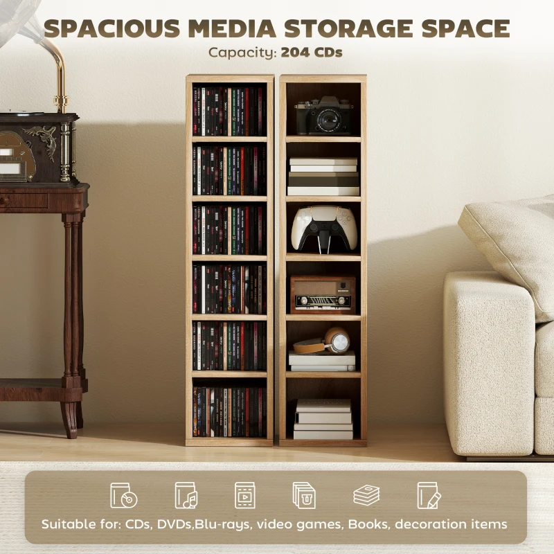 HOMCOM Set of 2 CD Media Display Shelf Unit Tower Rack with Adjustable Shelves, Oak