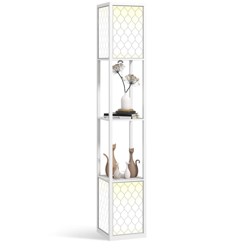 HOMCOM Candeeiro de Pé de Madeira com Estantes Lâmpada E27 Máx. 40W com Interruptor 26x26x156 cm Branco