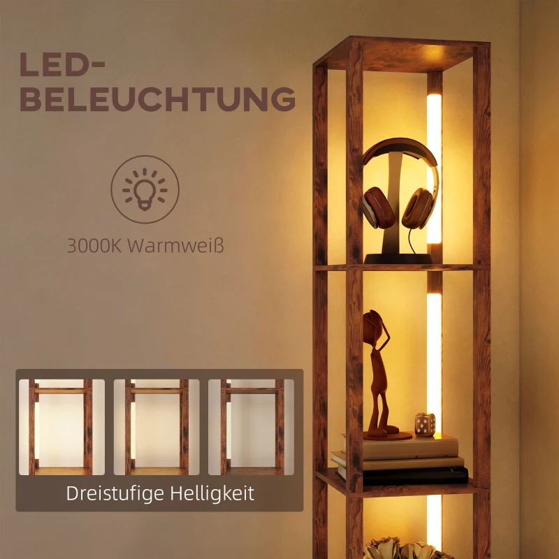 HOMCOM LED-Stehlampe mit Regalen, einstellbare Helligkeit, Fußschalter für Schlafzimmer, Rustikales Braun