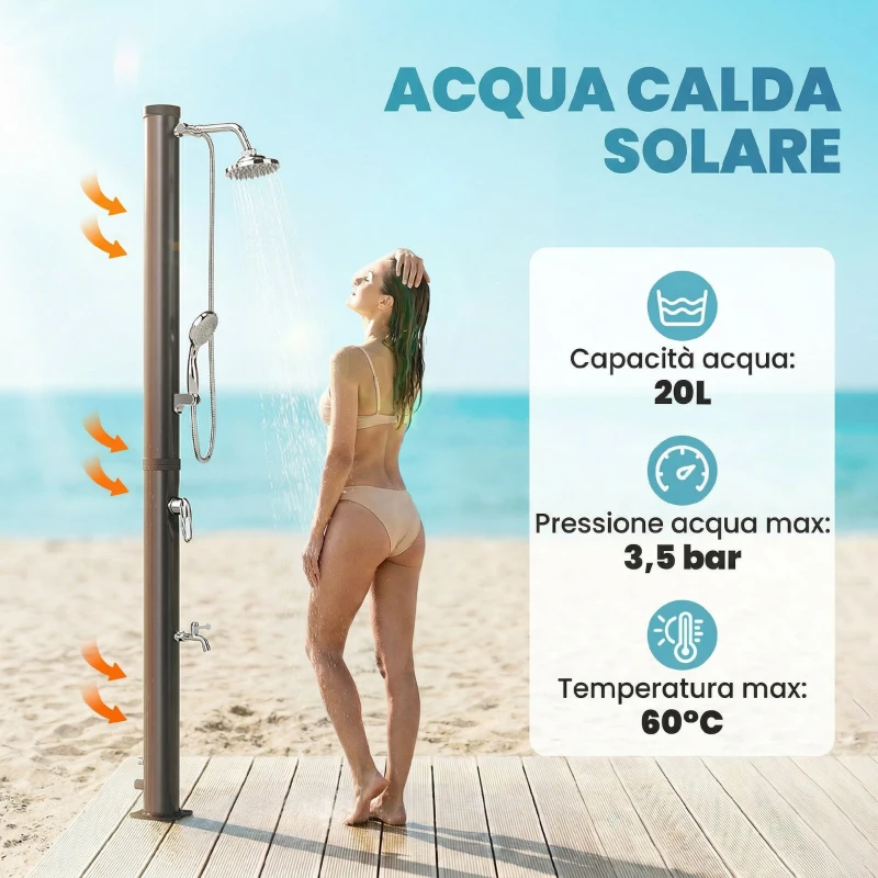 Outsunny Doccia Solare da Giardino Riscaldante 20L con Protezione Antigelo Brevettata, Nero