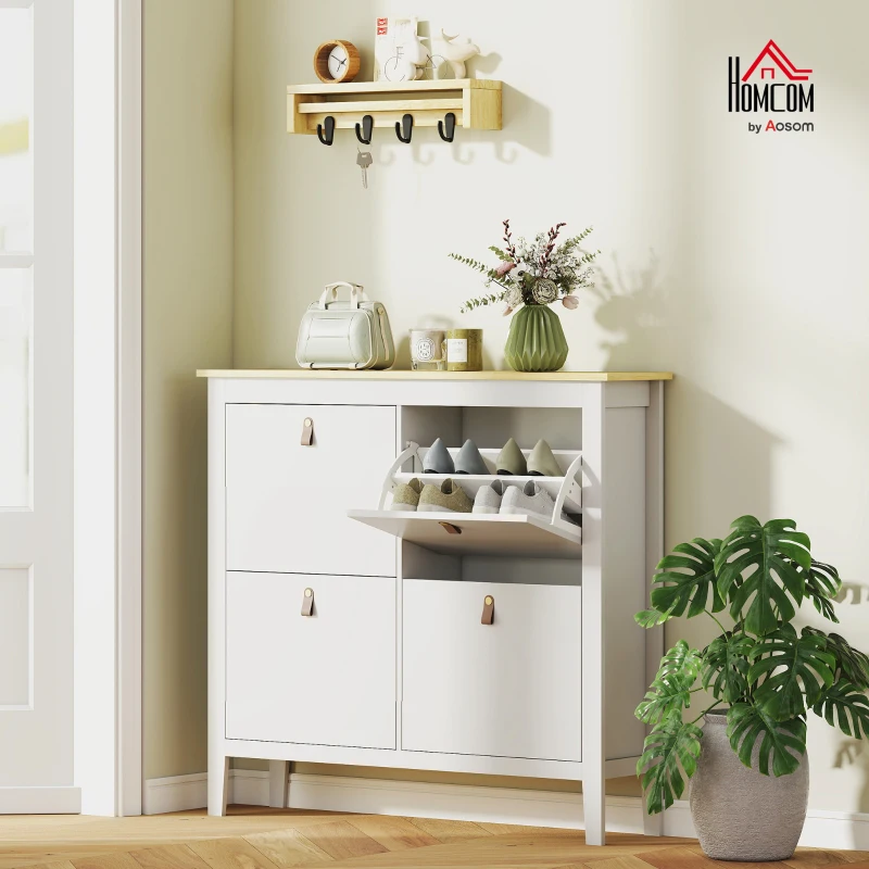 HOMCOM Sapateira para Entrada com 4 Gavetas Prateleiras Ajustáveis e Puxadores em PU para 20 Pares de Sapatos 105x24x95,5 cm Branco