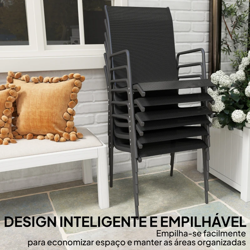 Outsunny Conjunto de 6 Cadeiras de Jardim Empilháveis com Apoio de Braços Assento e Encosto em Malha Respiráveis 51x69x87 cm Preto