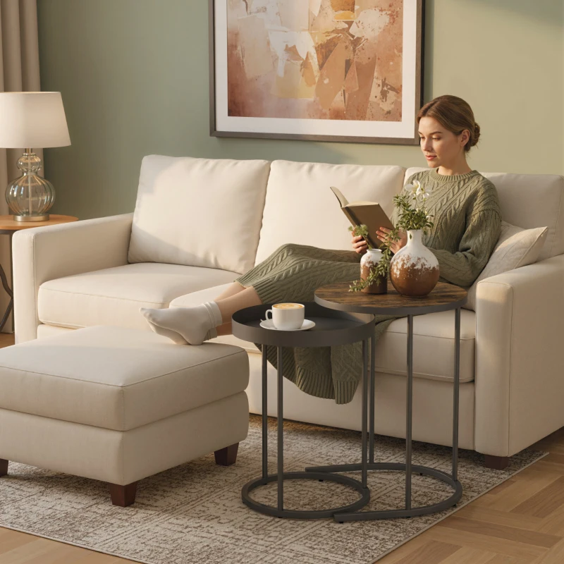 HOMCOM Set of Two Industrial Nesting Tables - Brown/Black