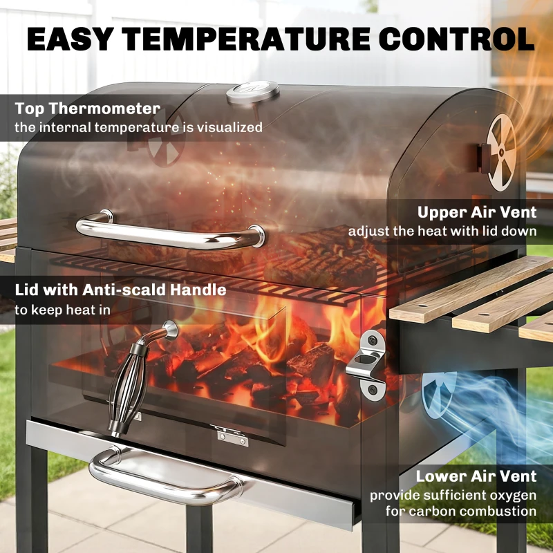 Grill węglowy ze stali nierdzewnej, mobilny, z pokrywą, termometr