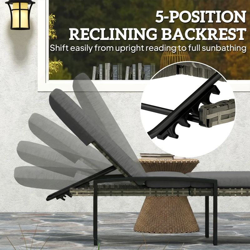 Outsunny Zestaw 2 rattanowych leżaków ogrodowych z 5-stopniowym regulowanym oparciem, do 120 kg, jasnoszary