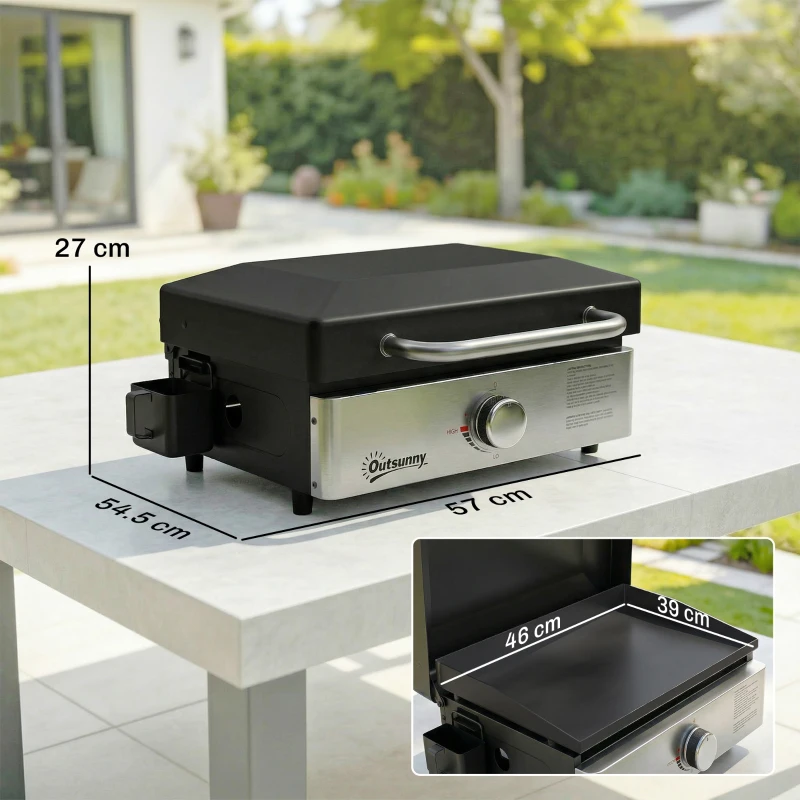 Outsunny Grill Griddle, Portable Gas Plancha, 3.5 kW, Tabletop Gas BBQ with Grease Cup for Camping Picnic Patios, Black