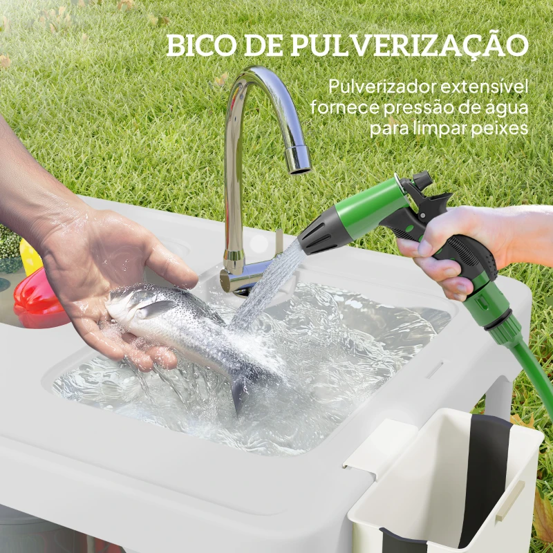 Outsunny Mesa para Campismo Dobrável Mesa com 2 Lavatórios Mangueira de Drenagem Estação de Limpeza 108x58x92 cm Branco