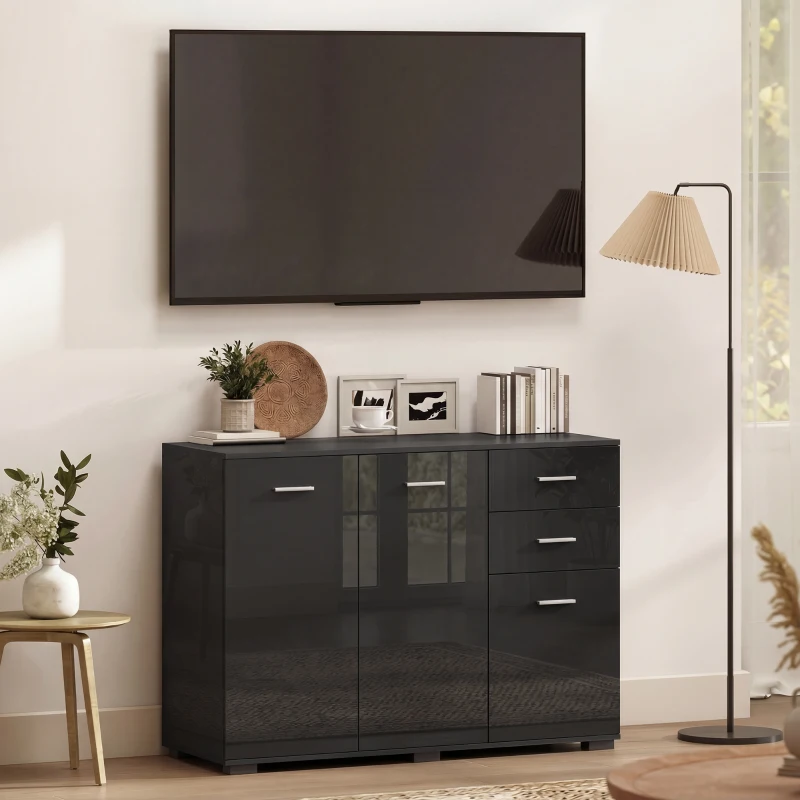 HOMCOM Sideboard, Modern Storage Cabinet with 2 Drawers, 3 Doors and Adjustable Shelves, High Gloss Black