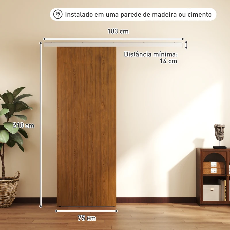 HOMCOM Porta de Correr com Ferragens 90x210 cm com Rolos, Trilho de Alumínio e Guia de Chão, Castanho
