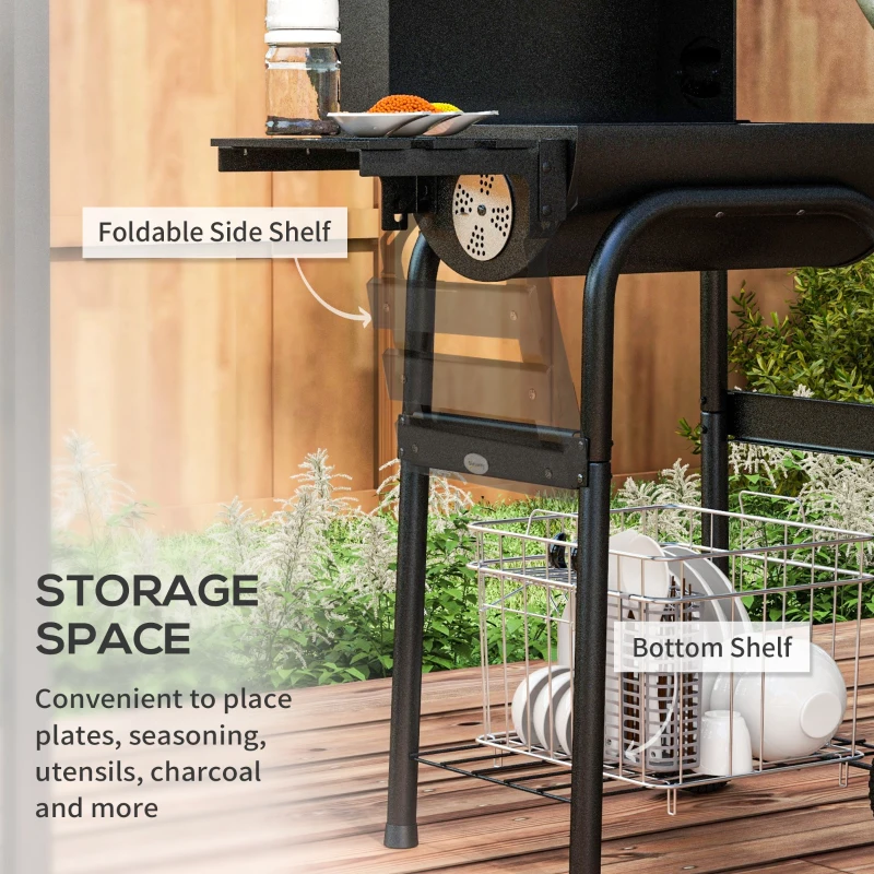 Outsunny Grill Węglowy Smoker BBQ, 1 półka, z termometrem, 83 x 46,5 x 115 cm, Czarny