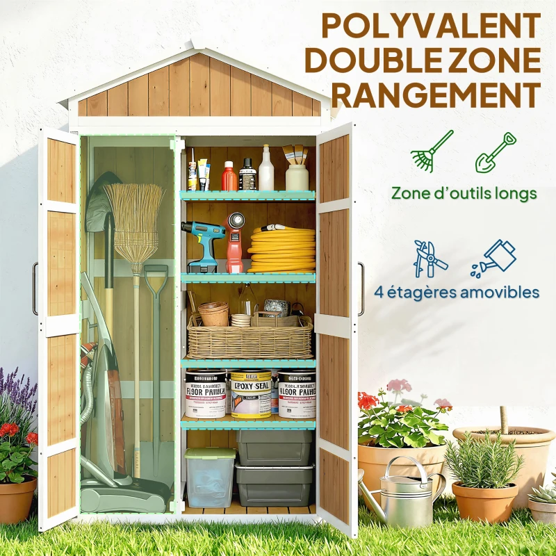 Outsunny Armoire de Jardin Abri de Jardin Étanche avec Toit en Métal Double Porte pour Outils de Jardinage 105x55x179cm Naturel