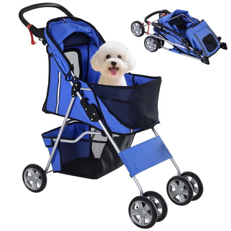PawHut Pet Stroller for Small Miniature Dogs Cats Foldable Travel Carriage with Wheels Zipper Entry Cup Holder Storage Basket Blue