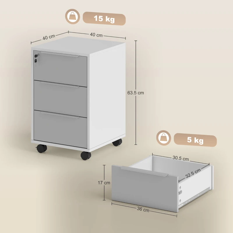 HOMCOM Schedario per Ufficio a 3 Cassetti con Chiavi di Sicurezza e 4 Ruote, in Legno, 40x40x63.5 cm, Bianco e Grigio