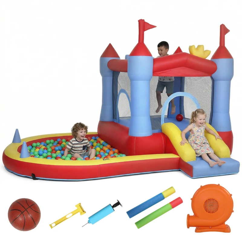 AIYAPLAY Château gonflable avec souffleur, aire de jeux gonflable avec toboggans, trampoline, piscine à balles, multicolore