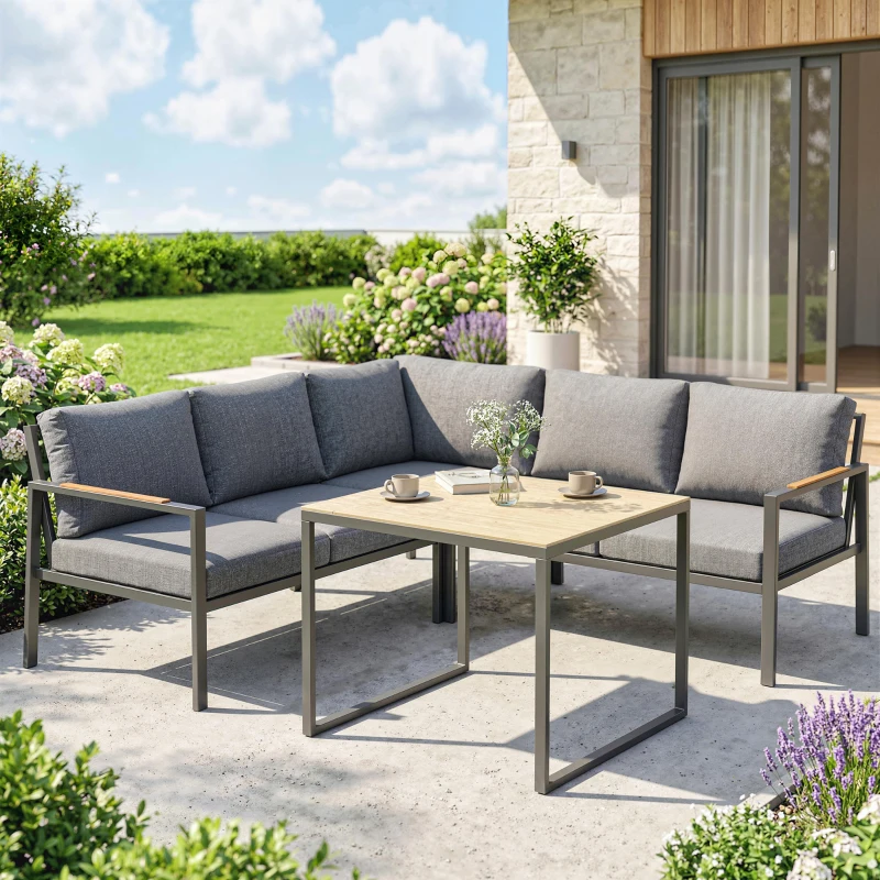 Outsunny Set Mobilier de Grădină Exterior 3 Piese 5 Persoane, 2 Canapele cu Perne Groase, 1 Masă de Cafea, 183x183x72cm, Gri Închis