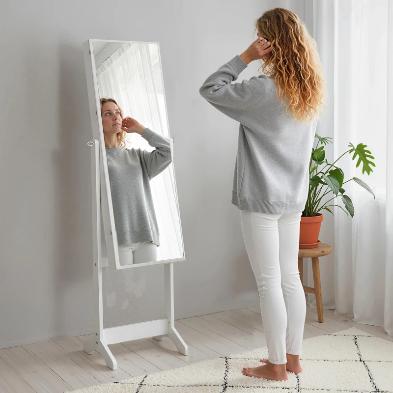 HOMCOM Espelho Joalheiro de Pé com Ângulos Ajustáveis Fechadura Magnética Organizador de Joias com Prateleiras 46x36,5x151,5cm Branco