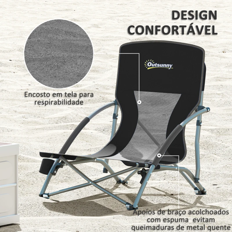 Outsunny Conjunto de 2 Cadeiras de Praia Dobráveis e Leves com Encosto de Malha Apoios de Braços e Bolsa 58x55x62 cm Preto