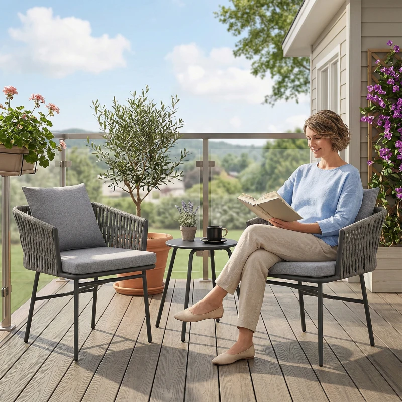 Outsunny 3-Piece Rattan Bistro Set, Garden Table and Chairs with 4 Cushions, Patio Rattan Conversation Furniture Set for Balcony, Porch, Terrace, Grey