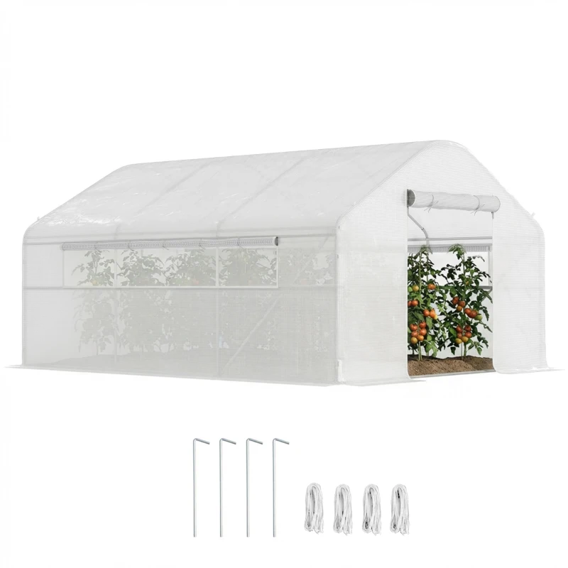 Outsunny Estufa tipo Túnel 4x3x2 m Estufa de Exterior com 2 Janelas Cobertura PE Anti UV e 1 Porta de Enrolar Branco