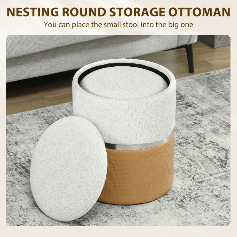 HOMCOM Nesting Round Ottoman with Storage Set of 2 - Cream/Brown