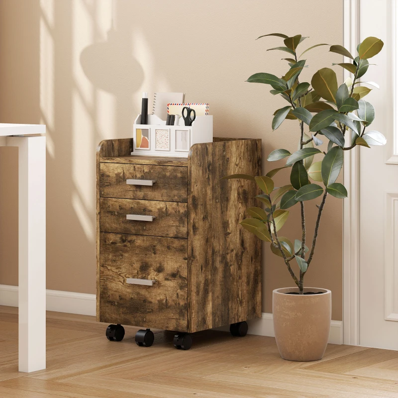 HOMCOM 3 Drawer Filing Cabinet, Rolling File Cabinet with Edged Top for Letter, A4 Size, Hanging File Folders, Rustic Brown