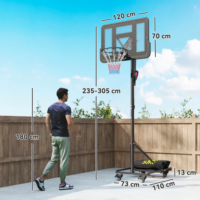 SPORTNOW tabela de Basquetebol para Exterior com Altura Ajustável 235-305 cm Saco de Peso e Rodas Preto