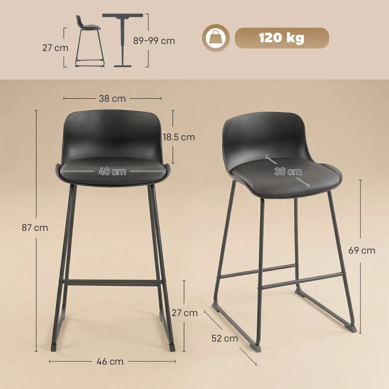 HOMCOM Modern Bar Stools Set of 2, PU Leather Barstools, Counter Height Kitchen Chairs for Breakfast Bars, Dining Room, Black