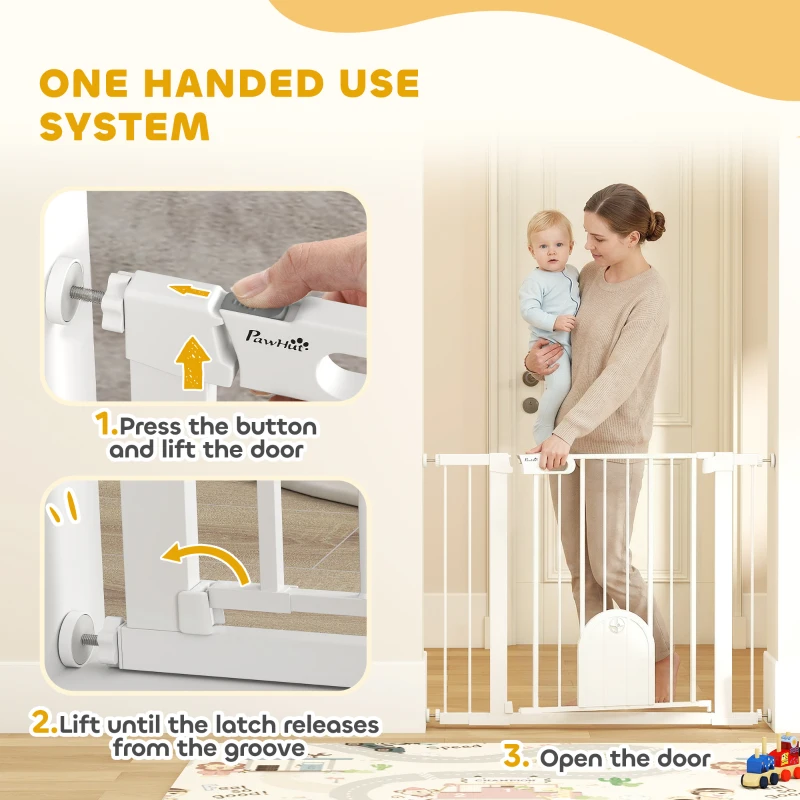 PawHut Dog Gate with Cat Flap Pet Safety Gate Barrier, Stair Pressure Fit, Auto Close, Double Locking, for Doorways, Hallways, 75-103 cm White