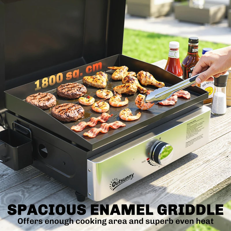Outsunny Grill Griddle, Portable Gas Plancha, 3.5 kW, Tabletop Gas BBQ with Grease Cup for Camping Picnic Patios, Black
