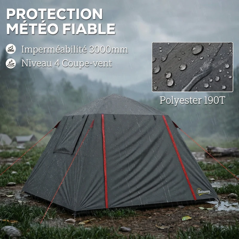 Outsunny Tente de Camping Dôme 2 Personnes 3-4 Saisons Imperméable 3000mm Montage Facile 2 Portes 210x210x150cm Gris Foncé