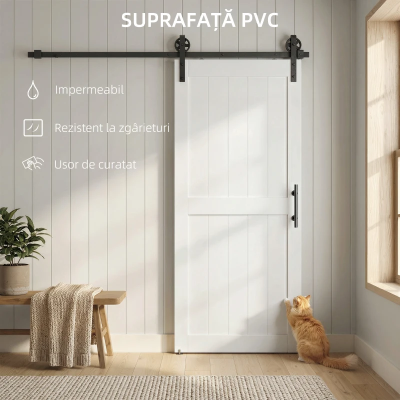 HOMCOM Ușă Glisantă de Interior 81.3x213.4cm, Șină din Oțel, Mâner Îmbunătățit, Role, Ușă de Interior în Stil Industrial, din MDF și Lemn de Pin, Impermeabilă, pentru Bucătărie, Baie, Living